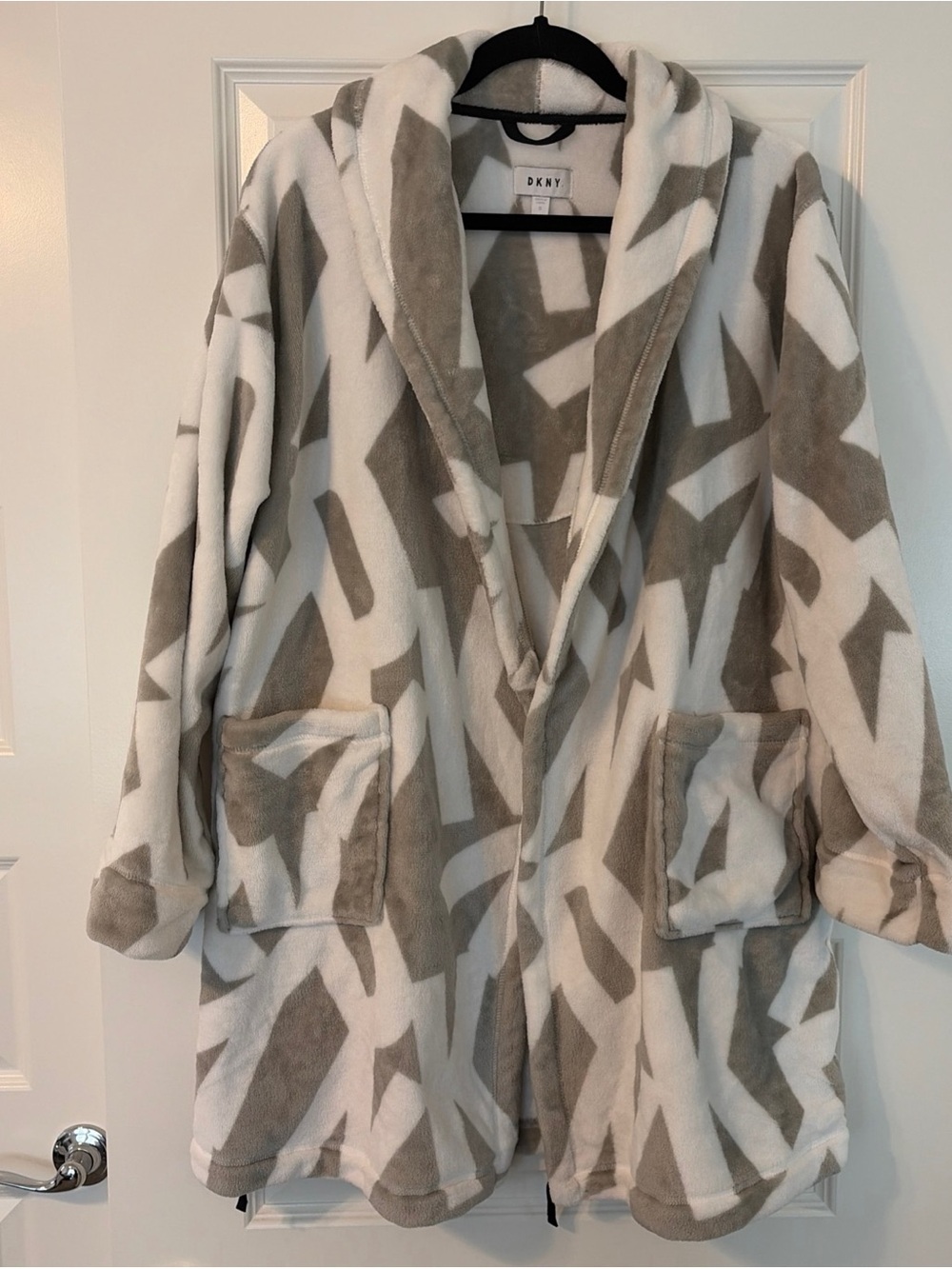 DKNY Hooded Teddy Jacket in White & Taupe Geometric Print